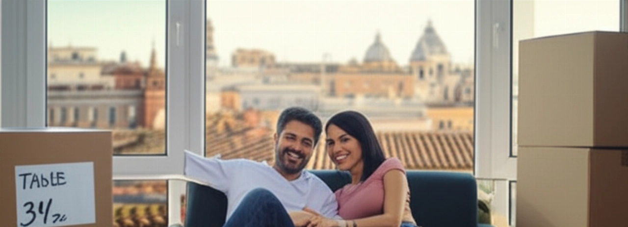 Pareja caucásica sonriente y relajada en su nuevo apartamento en Roma, rodeados de cajas, con vistas a la ciudad.
