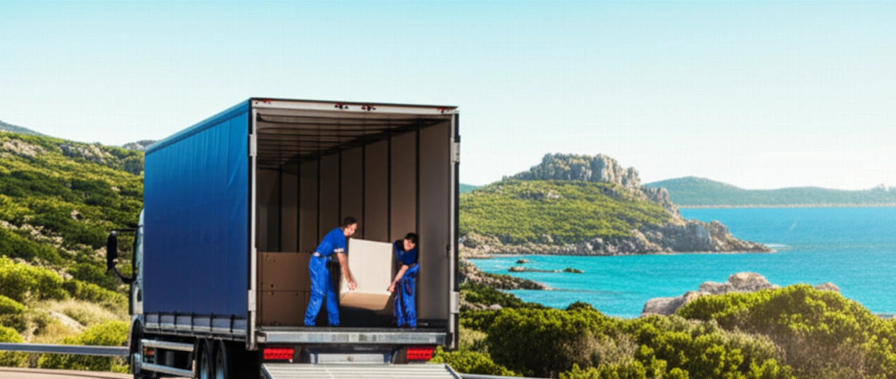 Traslocatori professionisti caucasici caricano un camion moderno in un paesaggio sardo mozzafiato.