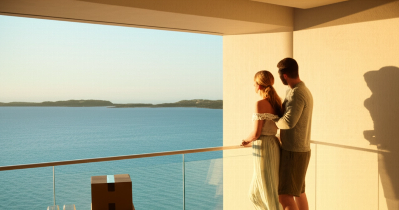 Coppia caucasica serena su un balcone con vista mare in Sardegna, con scatole da trasloco.