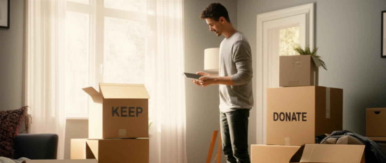Hombre caucásico seleccionando objetos junto a cajas etiquetadas 'Guardar', 'Donar', 'Desechar', en una habitación luminosa.