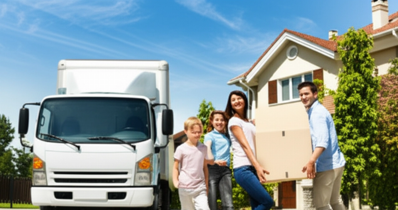 Famiglia caucasica felice che trasporta scatoloni verso un camion di traslochi in una giornata di sole ideale, davanti a una casa suburbana.