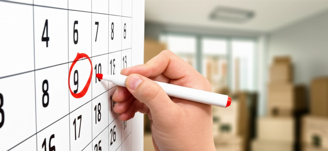 Primo piano di una mano caucasica che cerchia una data su un calendario a parete, con scatoloni organizzati sullo sfondo sfocato.