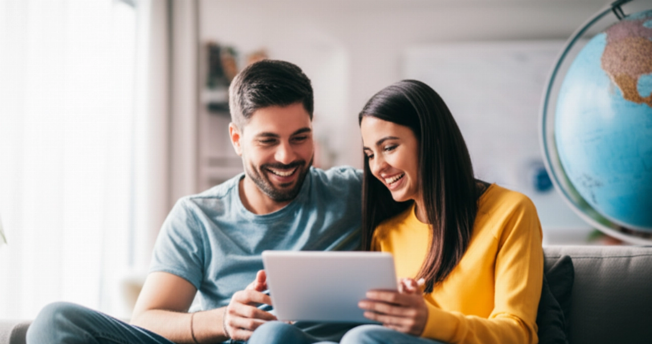 Relaxed Caucasian couple planning an international move on a tablet, with a world map in the background, symbolizing tranquility and a good choice.
