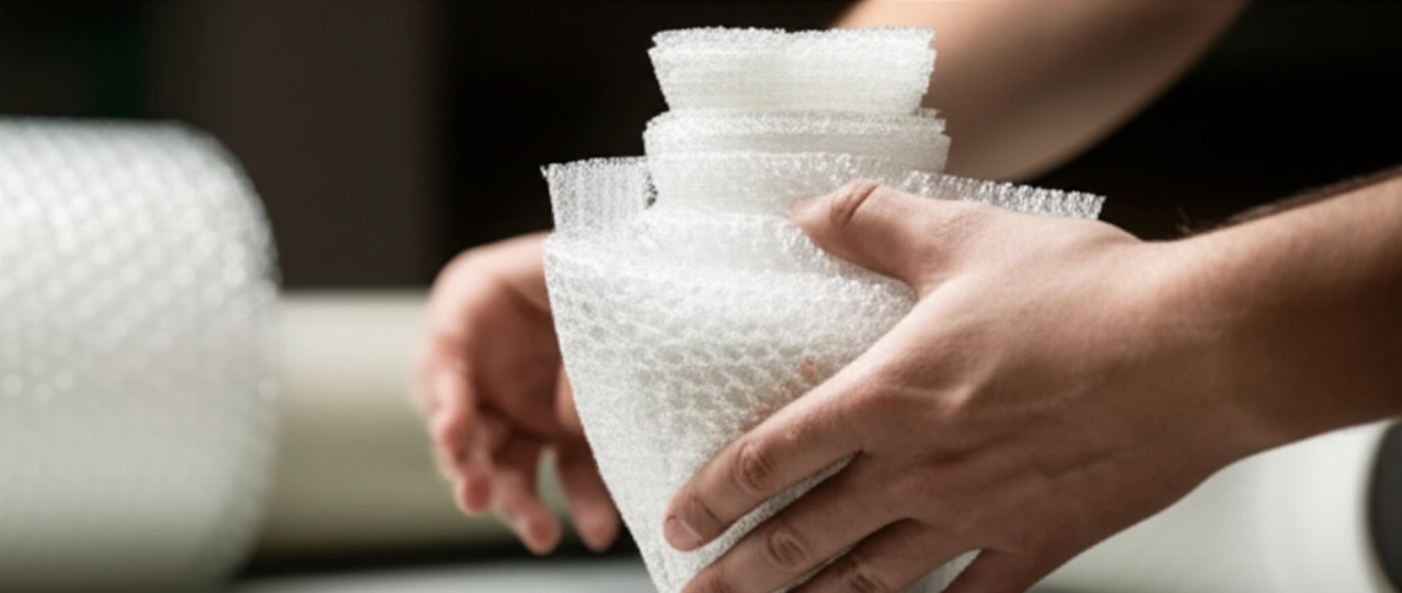 Professional Caucasian hands meticulously wrap an antique vase in bubble wrap and protective foam, on a well-lit packing table.