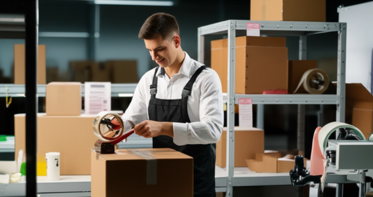 A Caucasian operator seals a box in a modern professional packaging facility, with stacks of boxes and materials in the background.