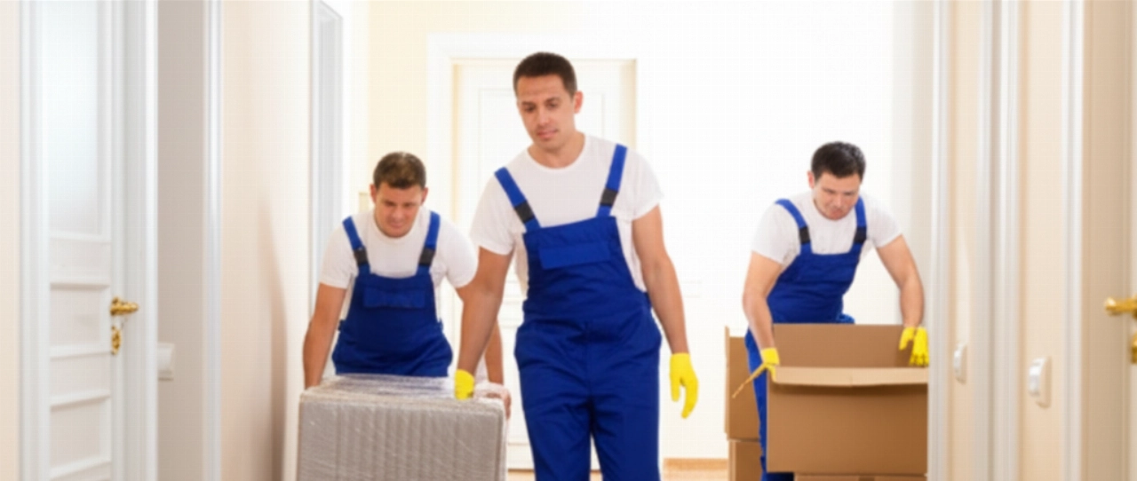 Equipo profesional de trabajadores caucásicos vaciando eficientemente un apartamento.