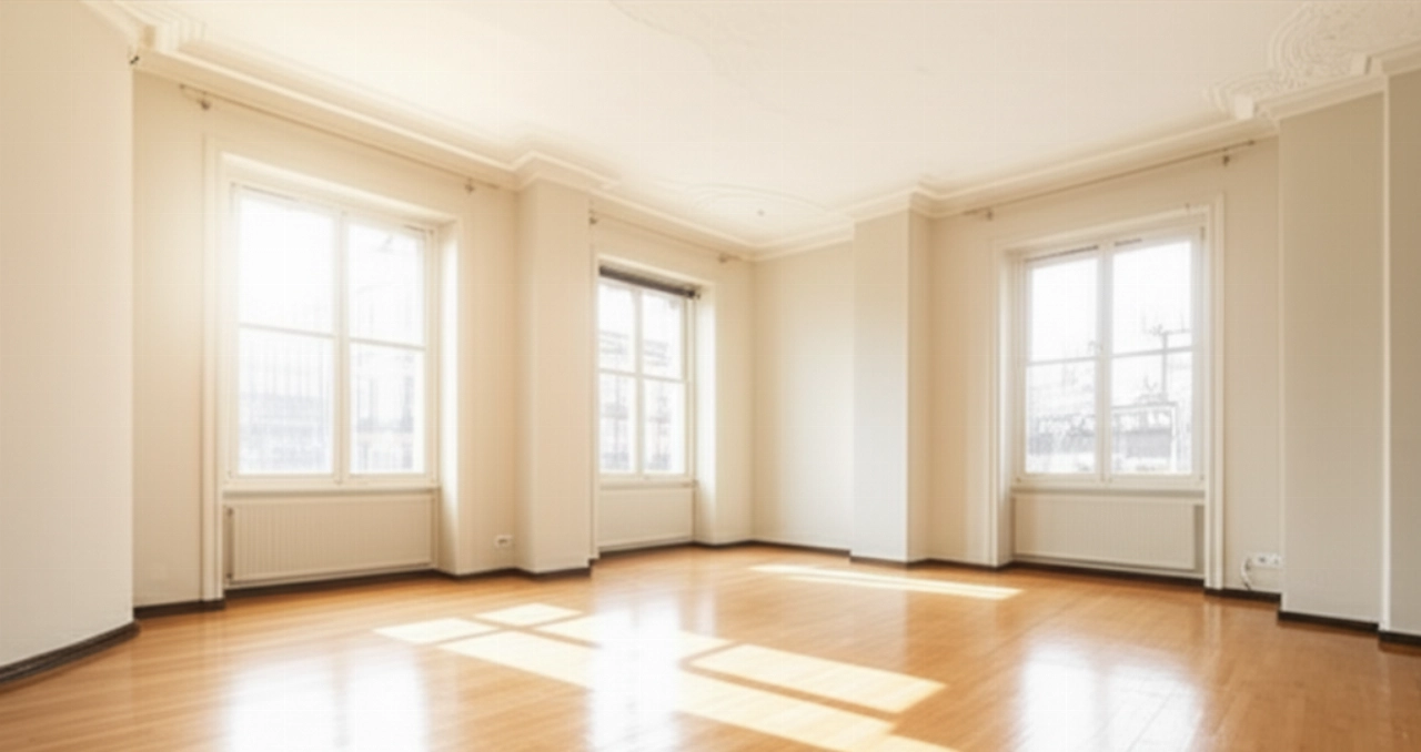 Salón de un apartamento completamente vaciado y limpio, listo para un nuevo comienzo.