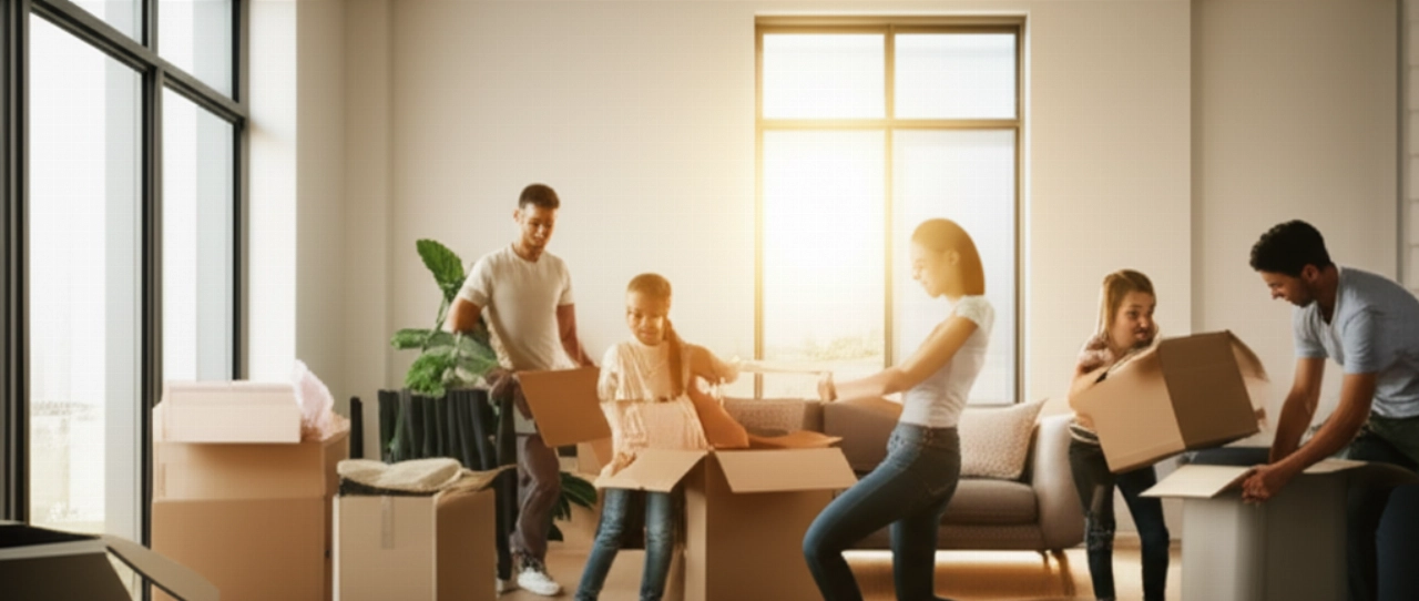 Una familia caucásica feliz desempaca en la luminosa y espaciosa sala de estar de una nueva casa moderna, evocando una sensación de nuevos comienzos y confort.