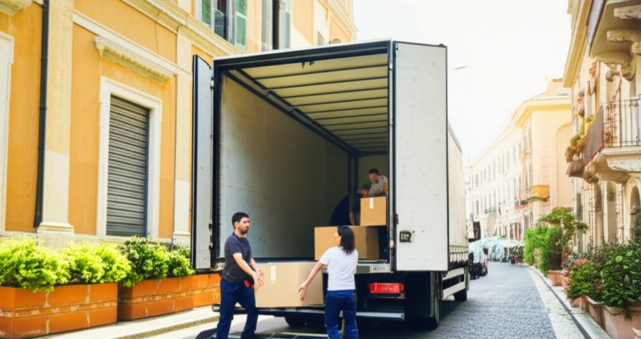 Camion de déménagement moderne et déménageurs caucasiens professionnels chargeant des cartons dans une rue d'Ancône.