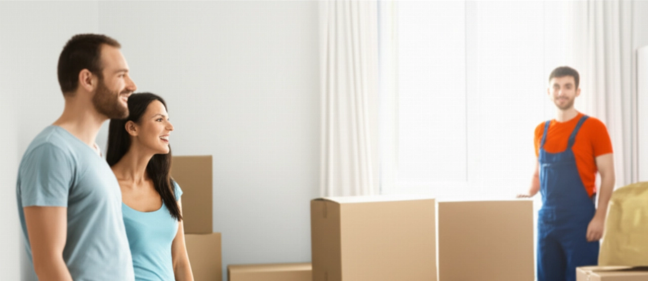 Sala de estar organizada en una nueva casa en Bari con cajas de mudanza y una pareja feliz.