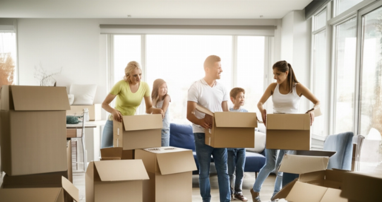 Felice famiglia caucasica che disfa gli scatoloni in un luminoso soggiorno di una nuova casa, con mobili in fase di sistemazione.