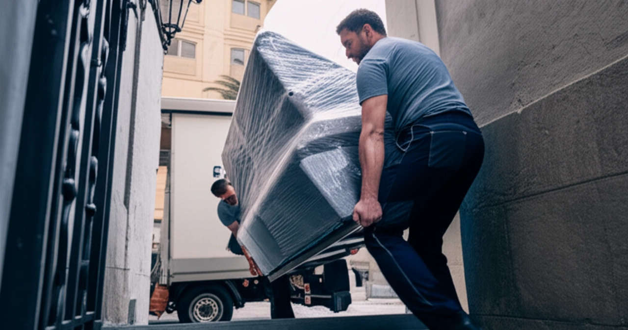 Traslocatori professionisti caucasici che trasportano un divano in un edificio tradizionale di Cagliari.