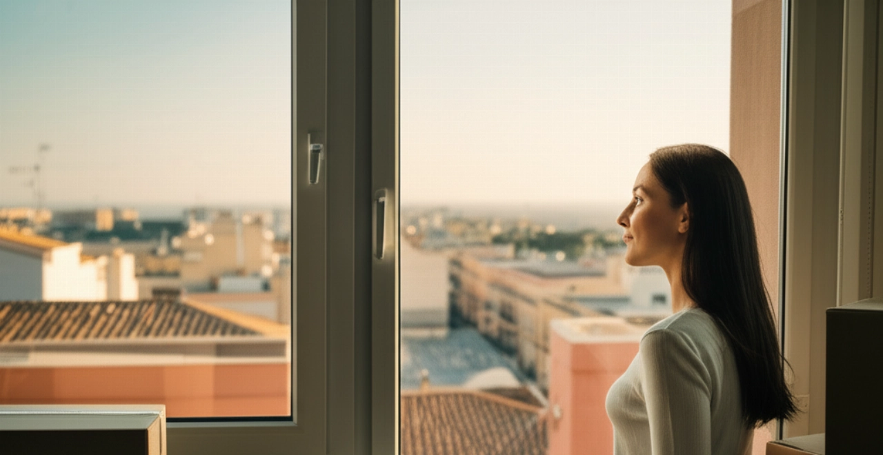 Donna caucasica serena che guarda il panorama di Cagliari dal suo nuovo appartamento.