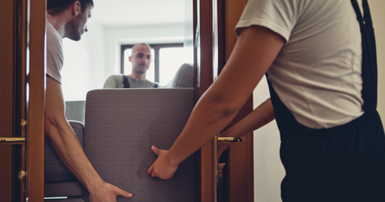 Due traslocatori professionisti caucasici maneggiano con cura un divano all'interno di un appartamento a Campobasso, evidenziando professionalità e attenzione.