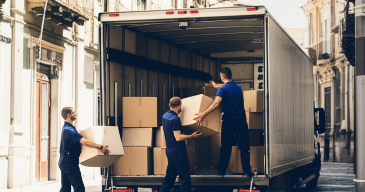 Professional Caucasian movers load boxes onto a modern truck on a historic street in Catania.