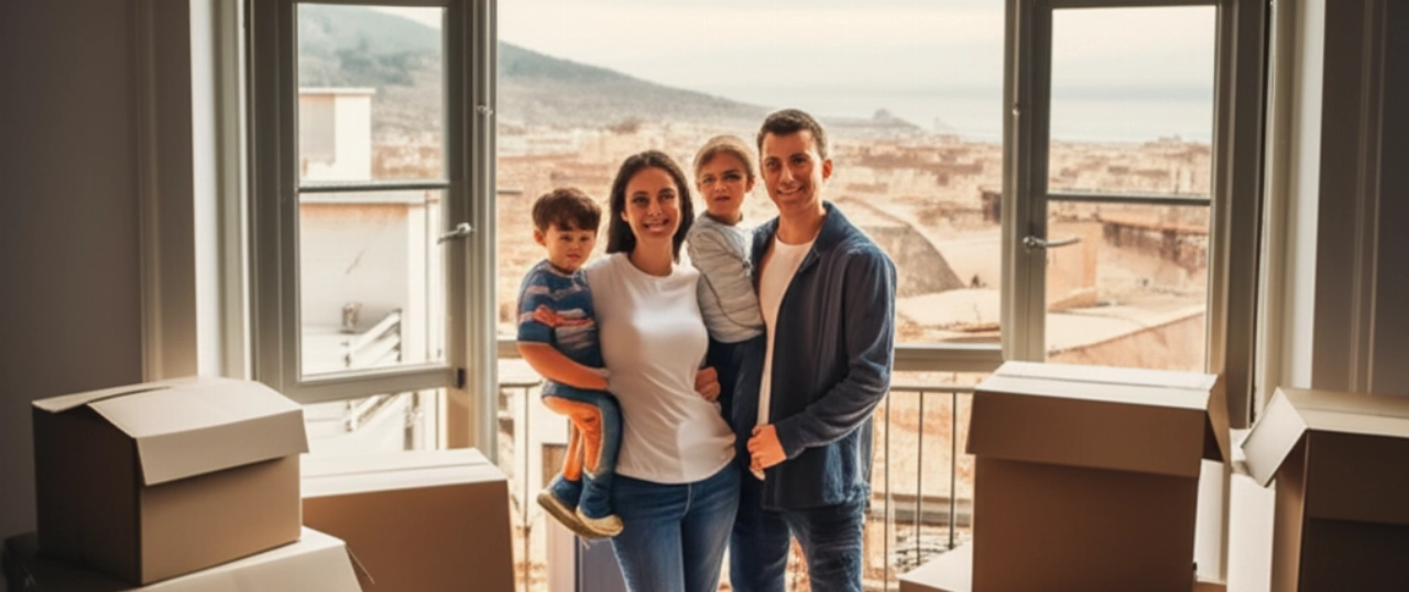Happy Caucasian family among boxes in their new apartment in Catania, with a panoramic city view.