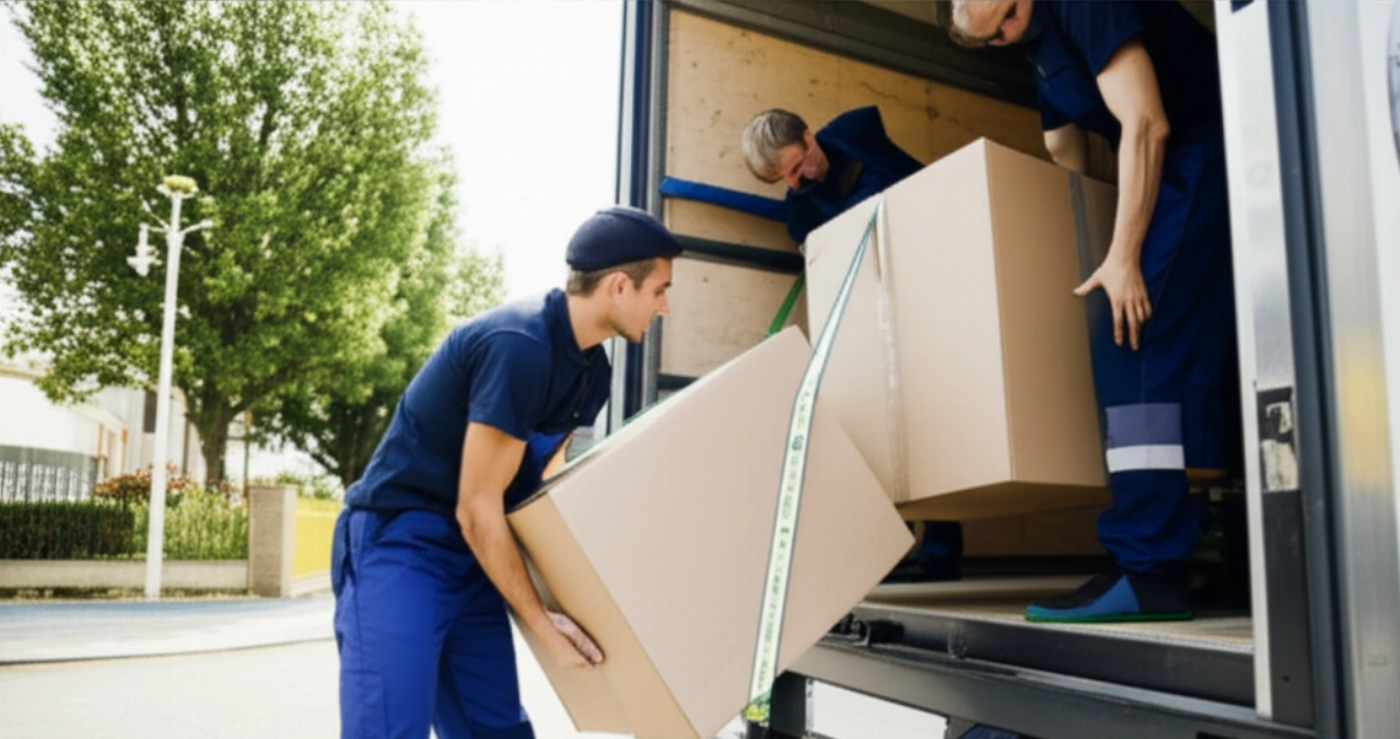 Traslocatori caucasici professionali caricano un camion con efficienza e cura in una strada residenziale.