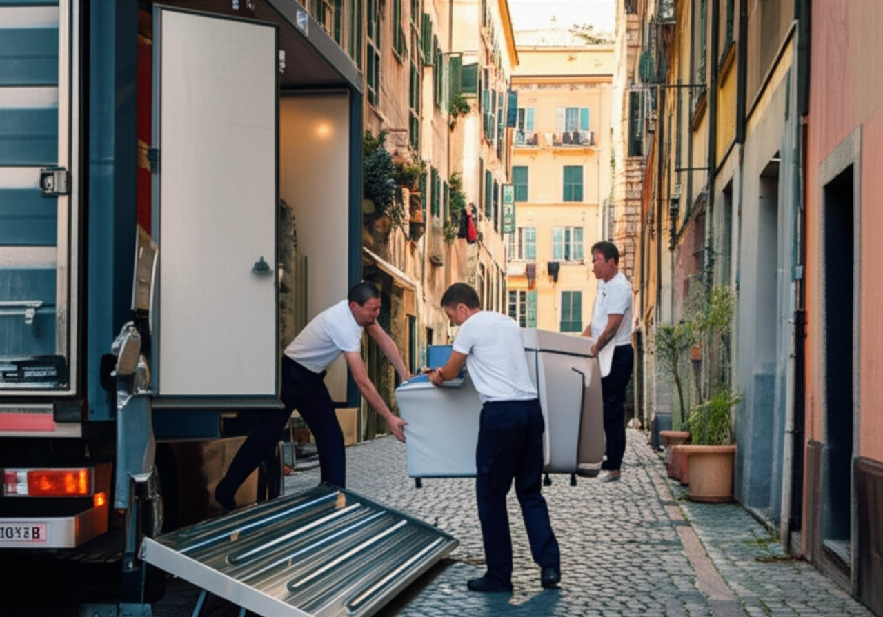 Camion dei traslochi moderno e senza logo parcheggiato su una strada acciottolata di Genova, con operai caucasici che caricano mobili.