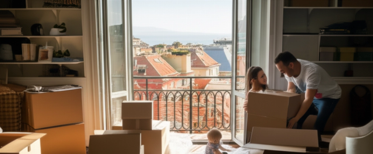 Coppia caucasica disfa le scatole in un luminoso appartamento appena traslocato a Genova, con vista panoramica della città e del mare.