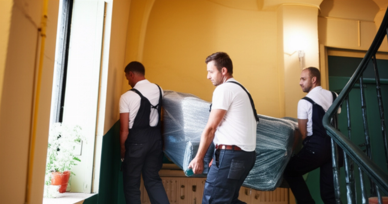 Due traslocatori caucasici professionisti che trasportano con cura un mobile all'interno di un edificio a Grosseto, evidenziando efficienza e attenzione.