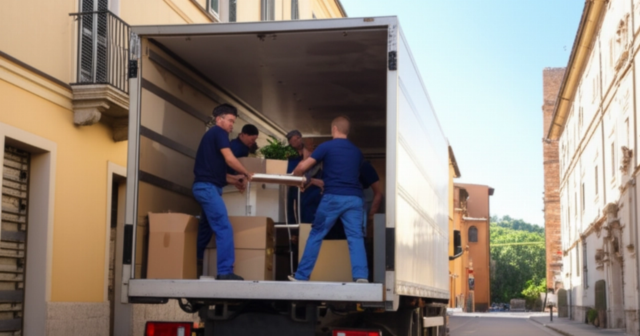 Scena di trasloco in una strada di Grosseto con un camion (senza logo) e persone caucasiche che caricano scatoloni sotto il sole toscano, con il paesaggio della Maremma sullo sfondo.