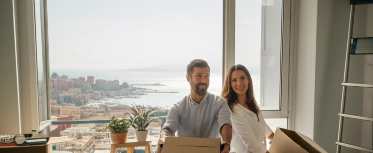 Feliz pareja caucásica desempacando en un nuevo apartamento en Imperia, con vistas panorámicas a la ciudad y al mar.