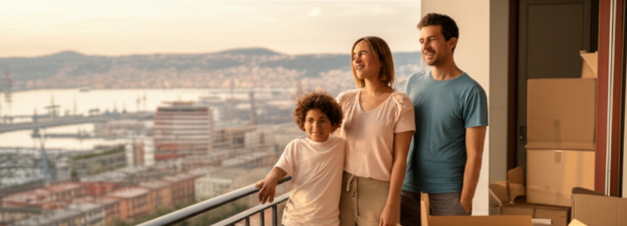 Famiglia felice sul balcone del loro nuovo appartamento a La Spezia, con vista panoramica sulla città e sul porto.