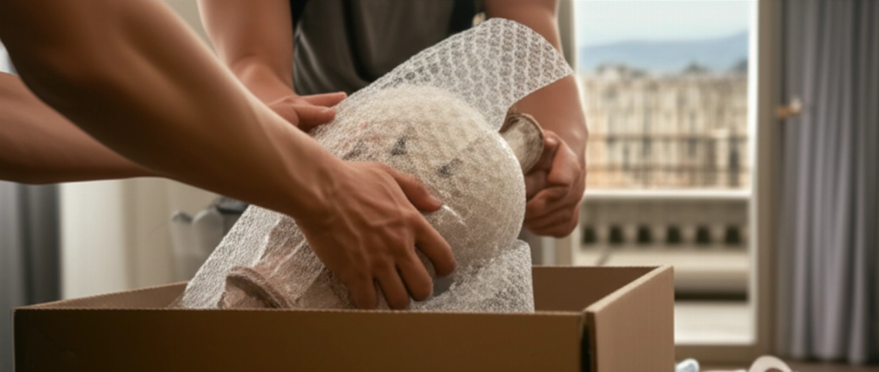Traslocatori professionisti che imballano con cura un vaso antico e fragile, con La Spezia sullo sfondo sfocato.