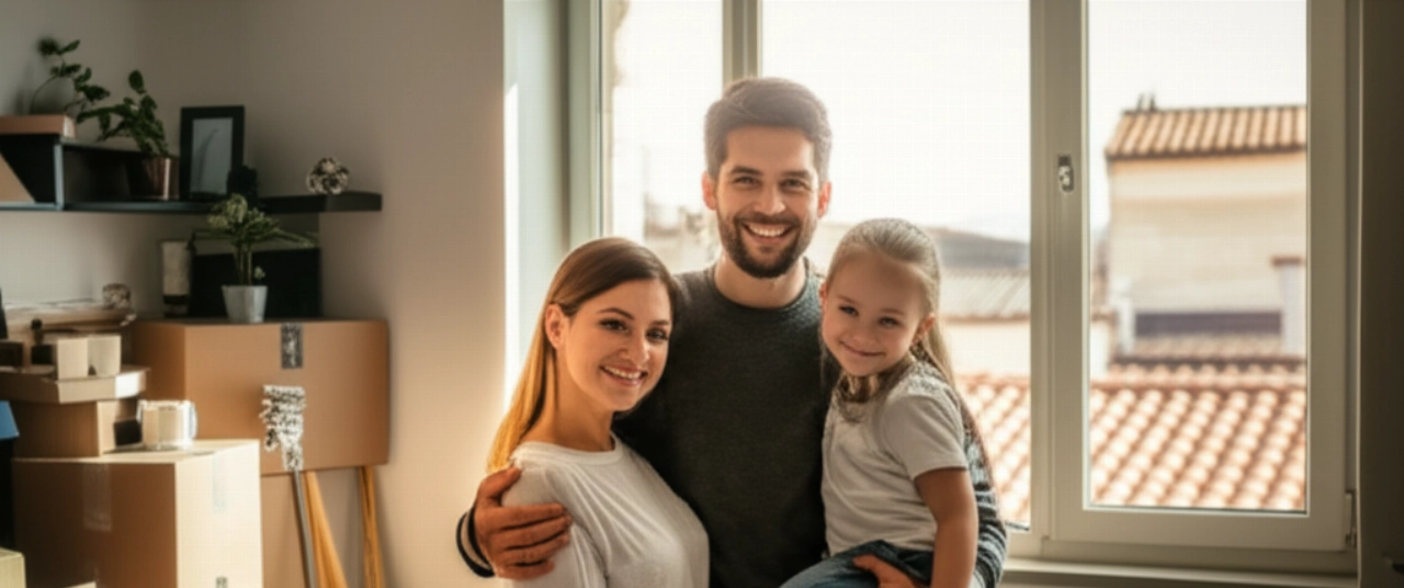 Una famiglia caucasica sorridente in un nuovo appartamento a L'Aquila, con scatole disimballate e una vista sui tetti della città.