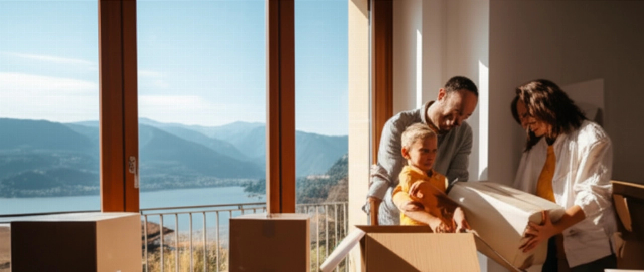 Familia caucásica feliz en su nuevo apartamento en Lecco, con cajas de mudanza y una vista impresionante del lago de Como desde la ventana.