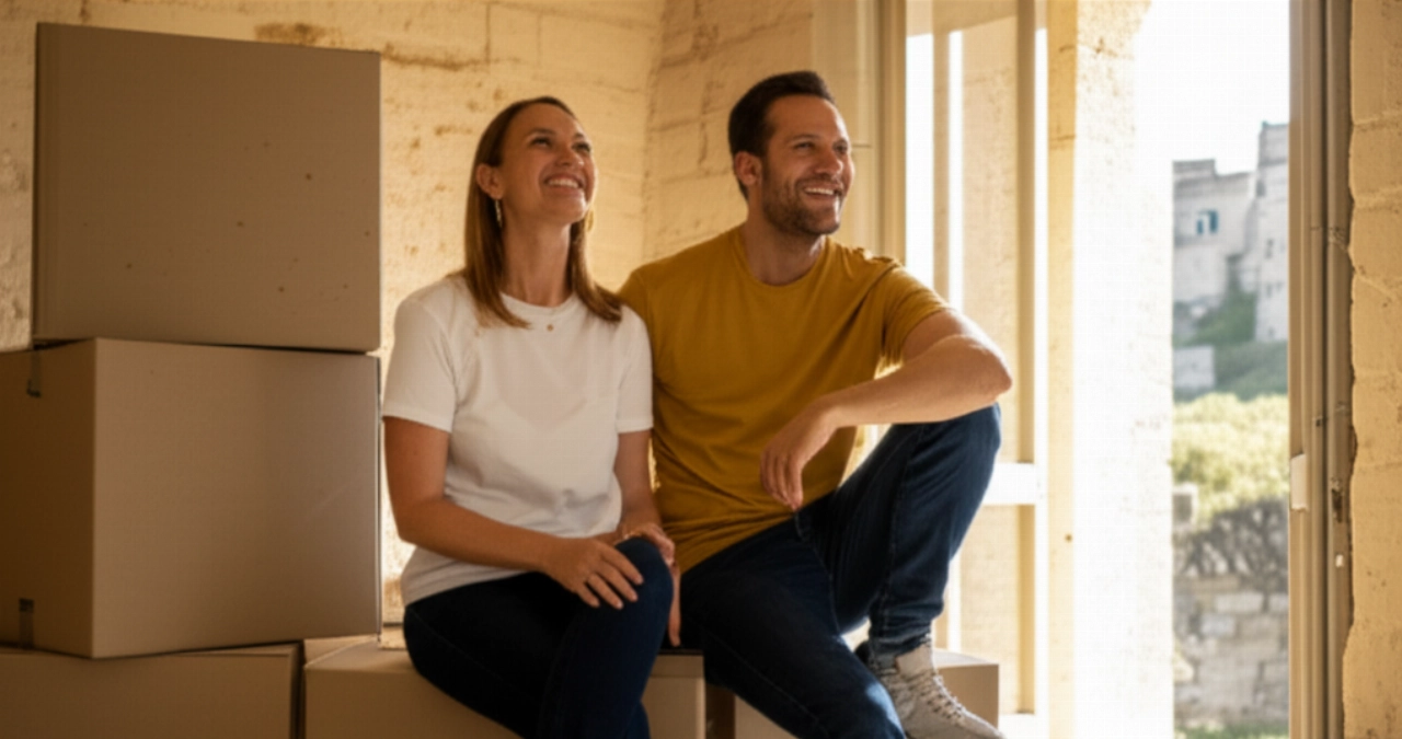 Una pareja caucásica sonriente sentada sobre cajas de mudanza en una casa de Matera, con un ambiente acogedor y luz natural.
