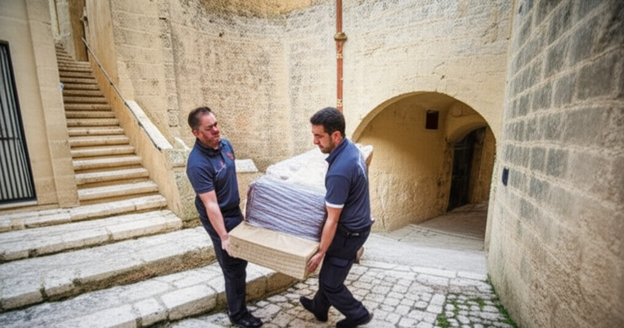 Dos mudanceros caucásicos profesionales transportando con cuidado un mueble por una antigua escalera de piedra en Matera, mostrando profesionalidad.