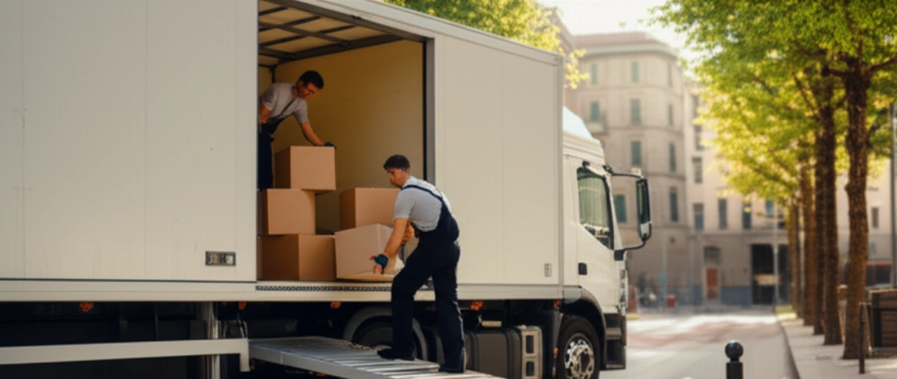 Un moderno camion per traslochi parcheggiato su una strada alberata, con traslocatori caucasici che caricano scatole al tramonto.