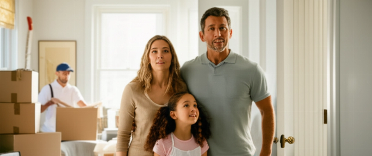 Una famiglia caucasica felice e sollevata nella loro nuova casa, circondata da scatole, dopo un trasloco di successo.