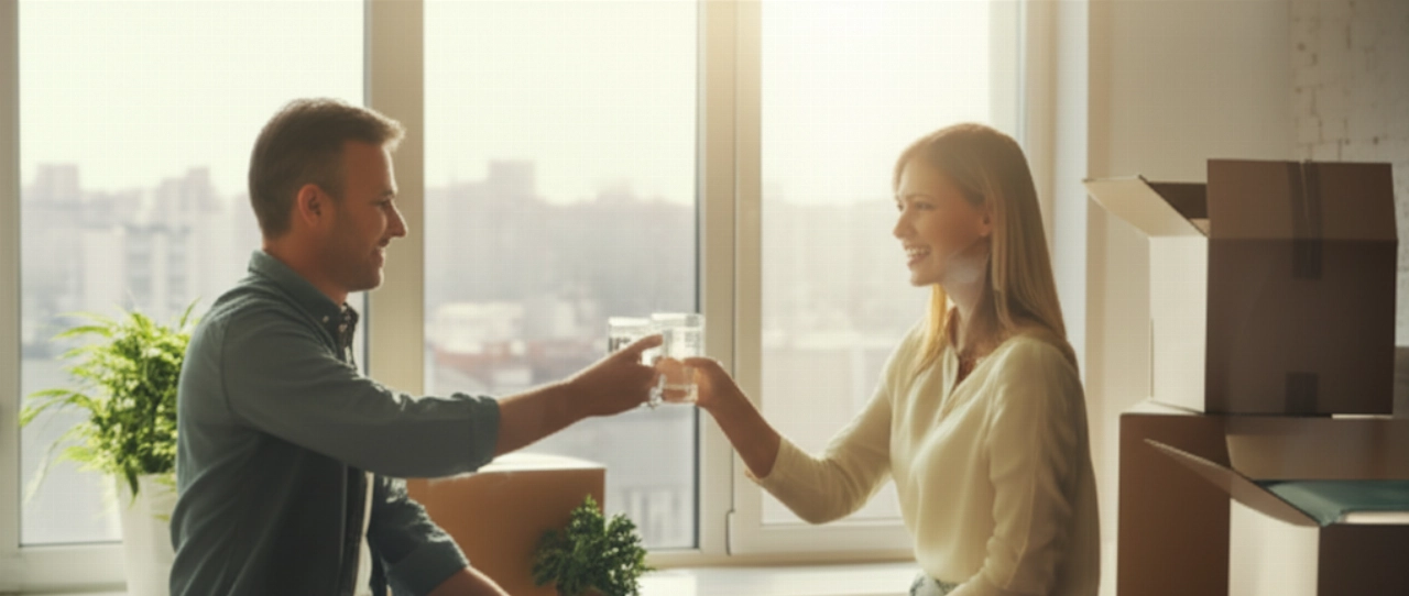 Smiling Caucasian couple toasting in their new, bright apartment, surrounded by partially opened moving boxes.