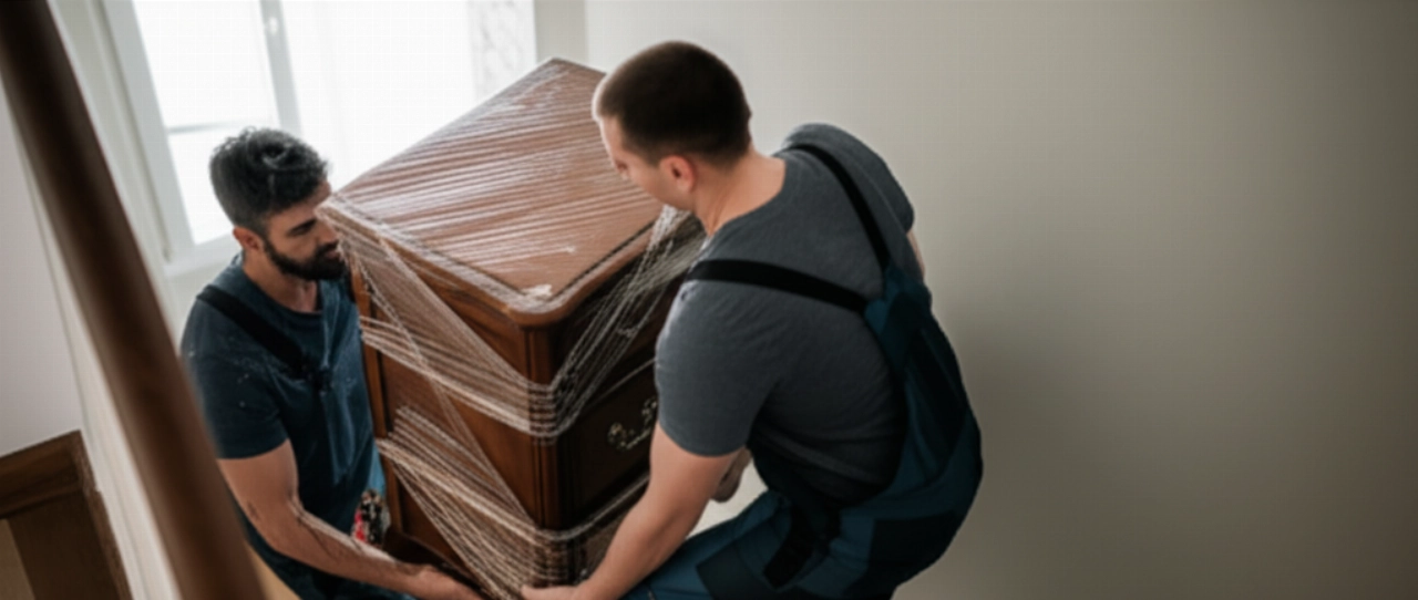 Two sturdy professional Caucasian movers carefully carrying a large antique dresser wrapped in blankets.