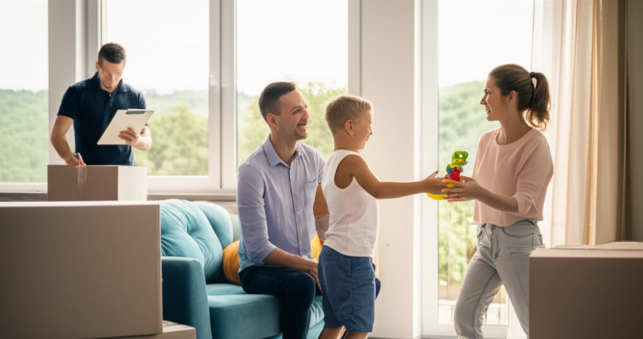 Una felice famiglia caucasica si sistema nella sua nuova casa a Potenza, con scatoloni e un traslocatore sullo sfondo. Immagine di gioia e nuovi inizi.