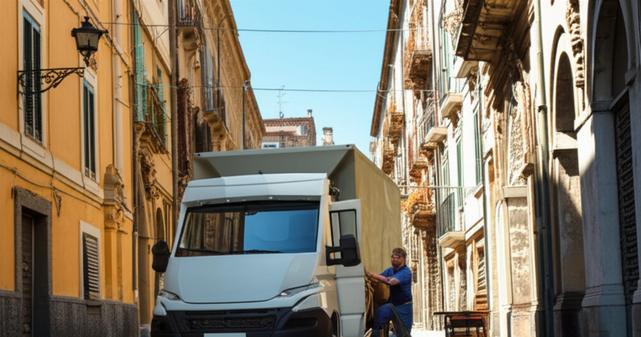 Un traslocatore caucasico avvolge con cura un oggetto delicato accanto a un camion moderno in una strada caratteristica di Potenza. Immagine di cura e attenzione ai dettagli.