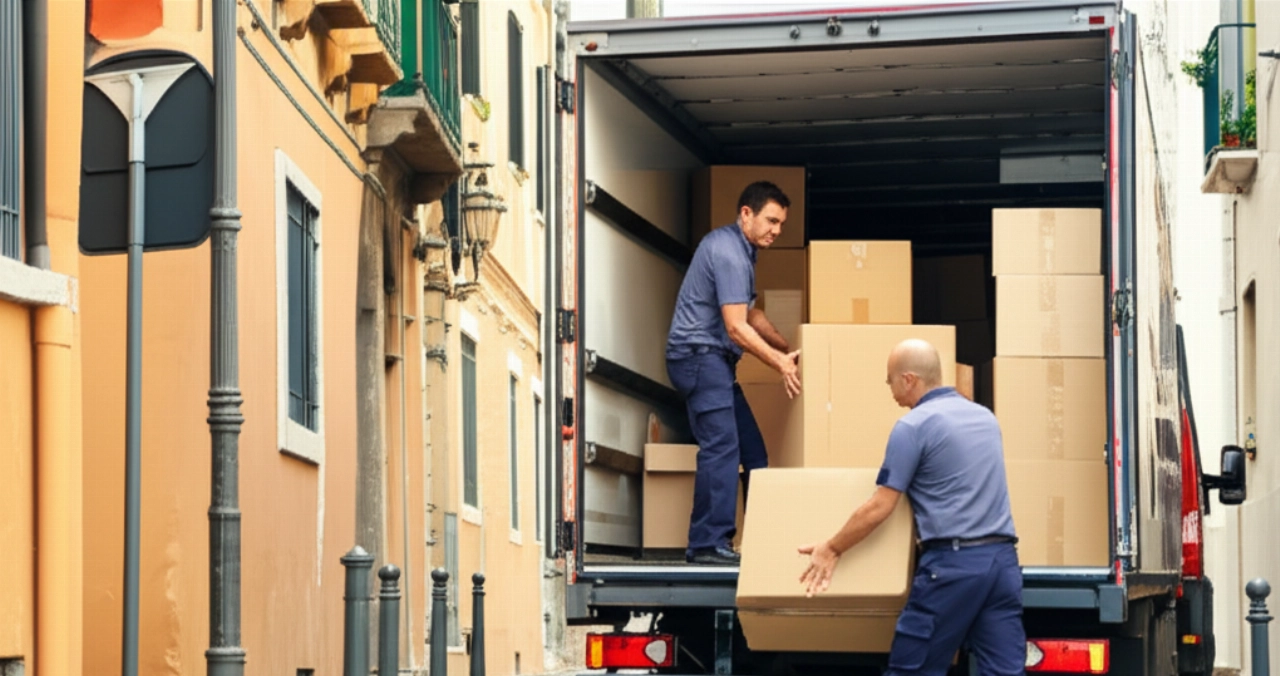 Traslocatori professionisti caucasici caricano efficientemente mobili e scatole su un camion in una strada tipica italiana.