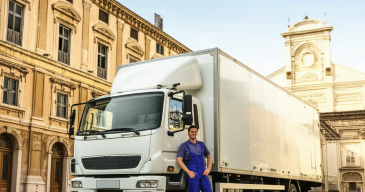Un moderno camion per traslochi parcheggiato davanti a un edificio storico di Sassari, con un traslocatore caucasico accanto.