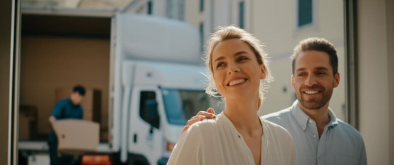 Happy and relaxed Caucasian couple in front of their new home in Savona with a moving truck in the background.