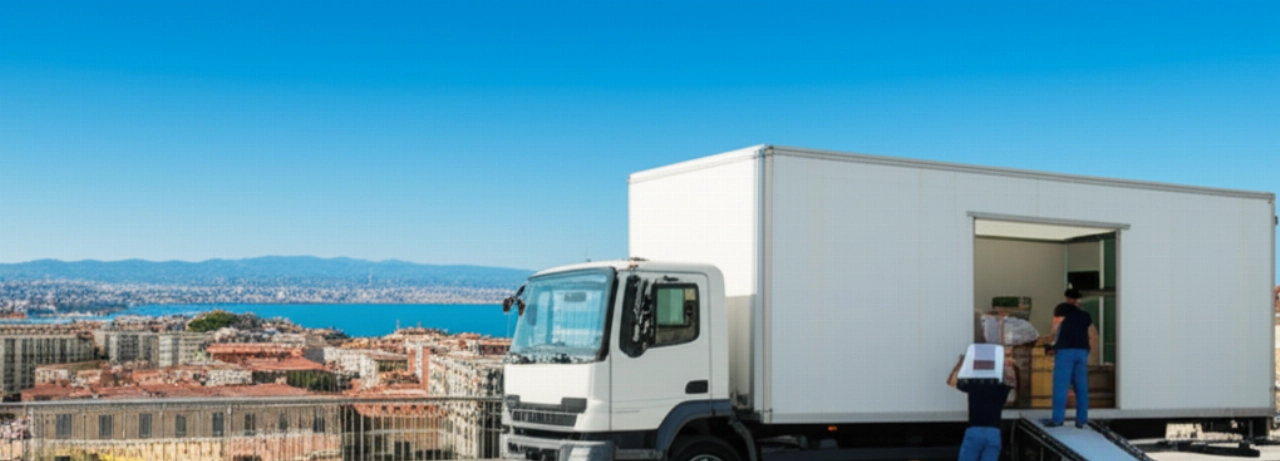 Large moving truck parked on a street in Savona with a panoramic view of the city and the port.