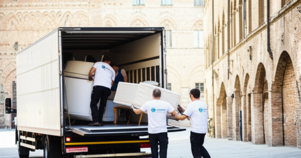 Un moderno camion per traslochi parcheggiato su una strada storica di Siena, con traslocatori professionisti che caricano mobili.