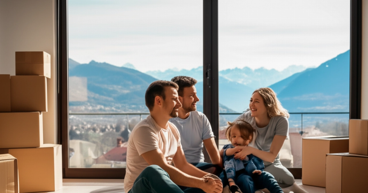 Famiglia caucasica felice in un nuovo salotto con vista panoramica sulle montagne di Sondrio.