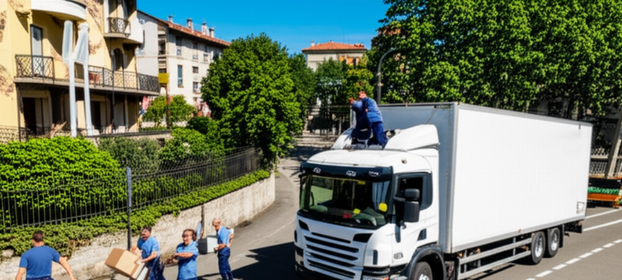 Un grande camion per traslochi e professionisti caucasici che lavorano su una strada residenziale a Varese. Immagine iperrealistica che mostra la logistica del trasloco.