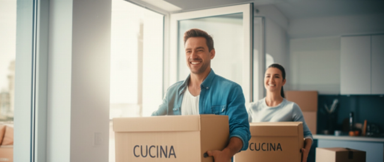 Glückliches Paar trägt die erste Kiste in ihr neues Zuhause in Vercelli.