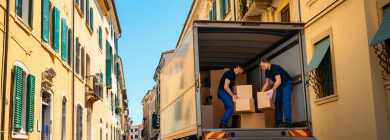 Un moderno camion per traslochi parcheggiato su una strada acciottolata a Verona, con traslocatori caucasici che caricano scatole e edifici storici veronesi sullo sfondo.