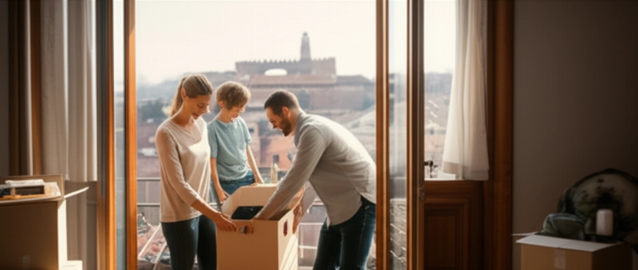 Una famiglia caucasica felice che disimballa scatole nel loro nuovo appartamento soleggiato a Verona, con una vista panoramica della città dalla finestra.