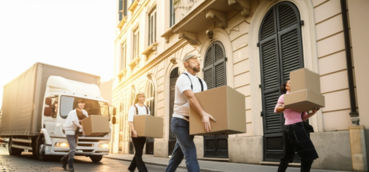 Effizienter Umzug in einer süditalienischen Stadt, mit professionellen Umzugshelfern, die Kartons unter der Sonne transportieren.