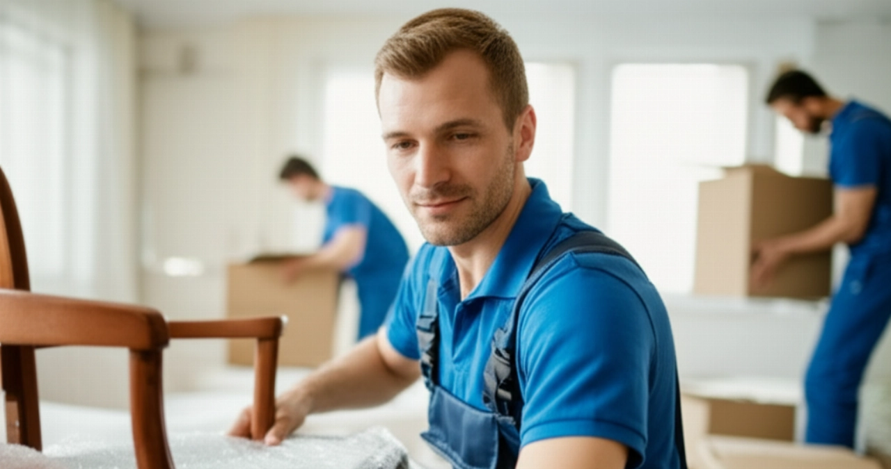 Nahaufnahme eines professionellen Umzugshelfers, der sorgfältig ein empfindliches Möbelstück verpackt, als Symbol für Sorgfalt und Professionalität.